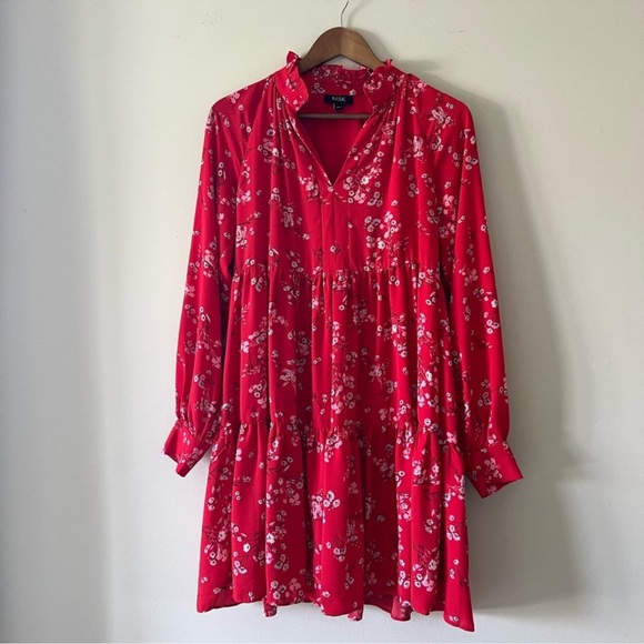 MSK Red Floral Long Sleeve Mini Dress High Neck, Tunic Loose Fit Size Small - Picture 12 of 12